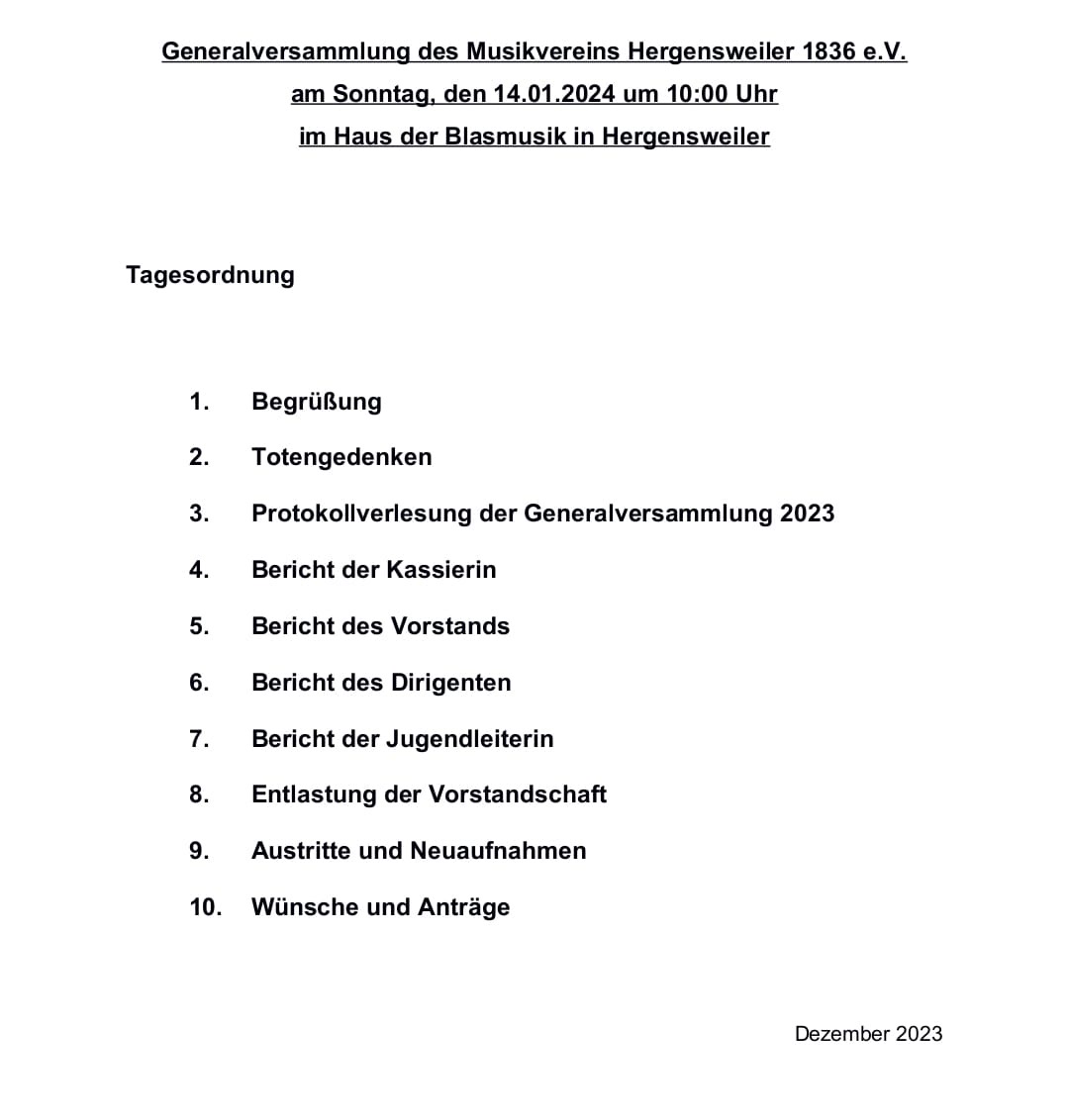 Einladung zur Generalversammlung 2024